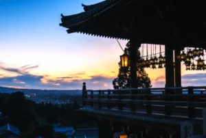Nigatsu-do Pavillion at sunset, in Nara, Japan