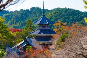 Buddist Temple Tower in Fall at Mount Yoshino in Nara