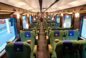 Interior of the Blue Symphony Train going to Yoshino, Nara