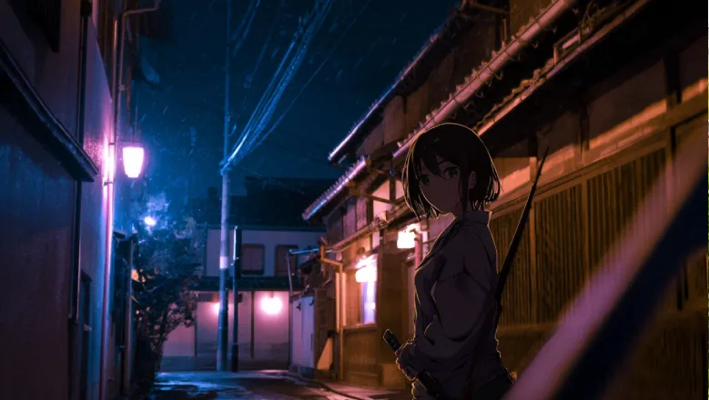 Girl in anime style exploring Nara Mchi at night